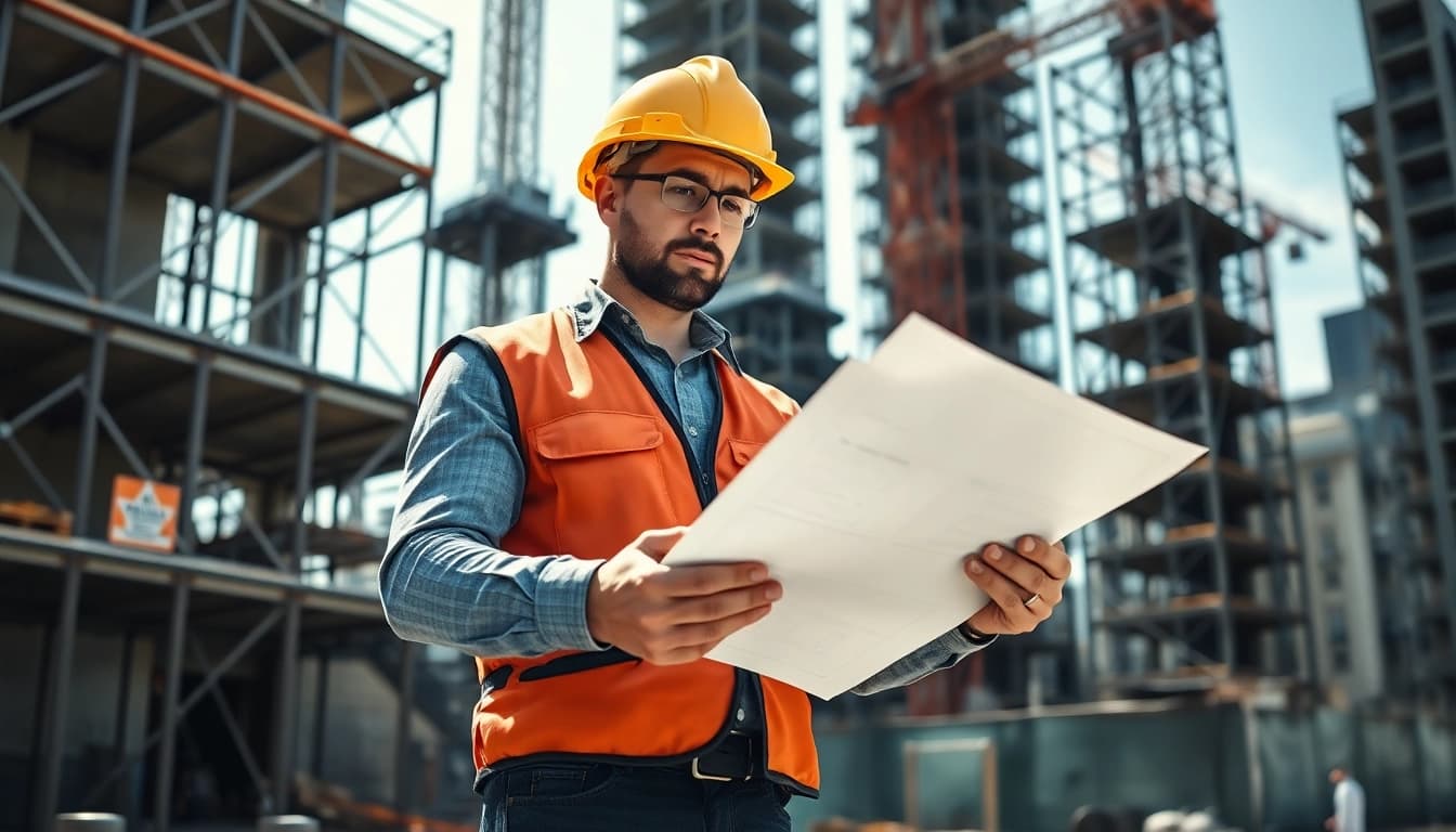 Manhattan General Contractor reviewing blueprints on-site, showcasing commitment to quality.