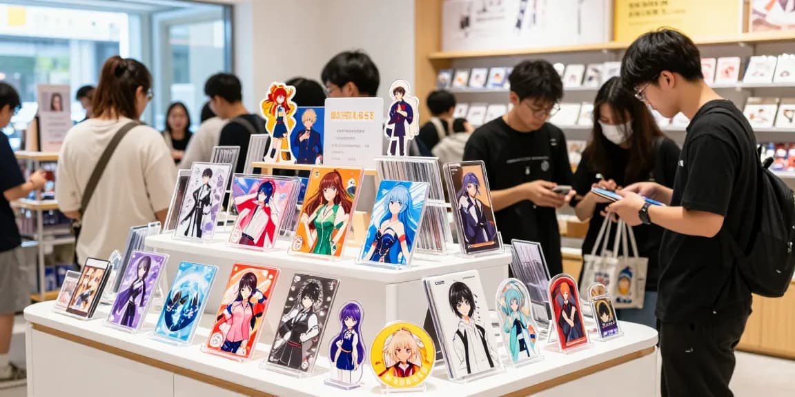 Vibrant display of custom acrylic stands showcasing colorful anime designs in a modern retail setting.