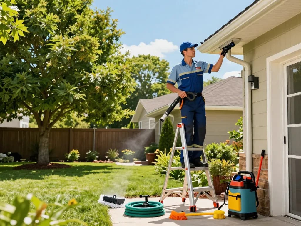 Efficient gutter cleaning Atlanta service with technician clearing debris in a well-kept yard.