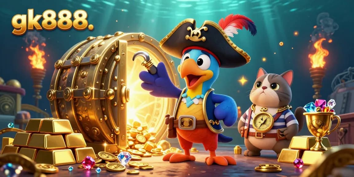 Experience exciting gameplay with gk888, featuring a vibrant scene of a 3D pirate captain and treasures.