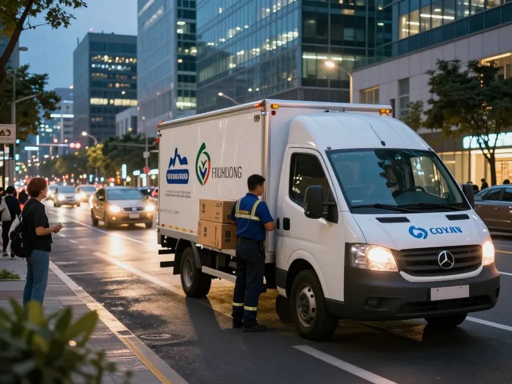 Driver loading cargo into tracked delivery van for logistics operations in busy urban setting.