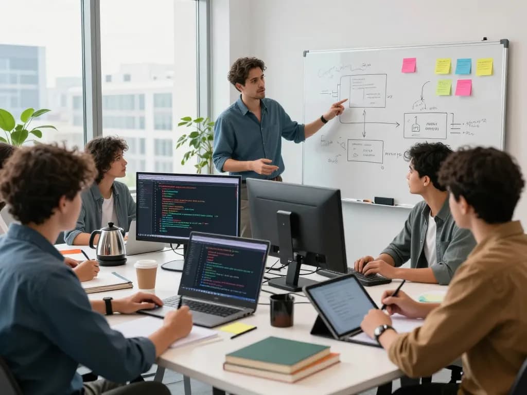 Team collaborating on zero knowledge proof definition in a vibrant tech workspace with code on screens.