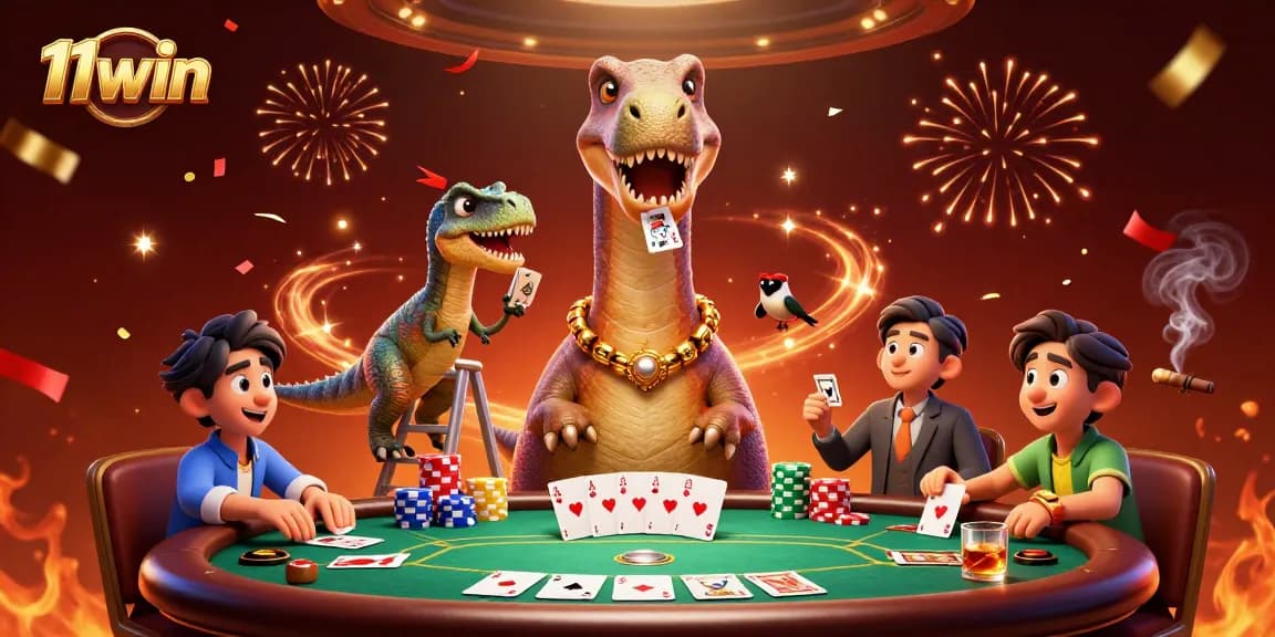 Experience thrilling poker action at 11win with a giant brontosaurus dealer and colorful chips.