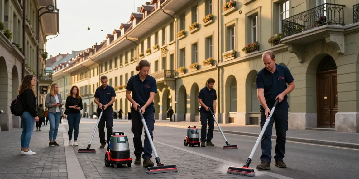 Professional team performs wohnungsabgabe reinigung in Bern with modern equipment, sunlight highlighting the process.