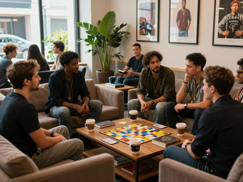 Men engaging in conversations at a supportive man club, fostering connection and community.