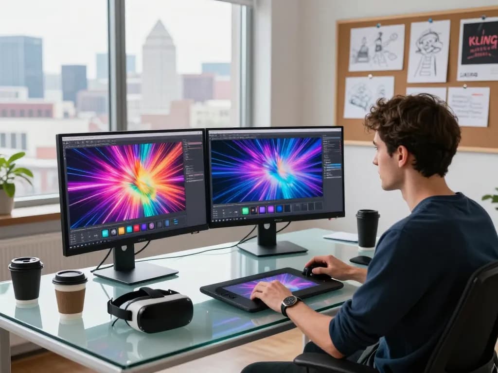 Dynamic tech workspace with a digital artist using Kling motion AI for video creation.