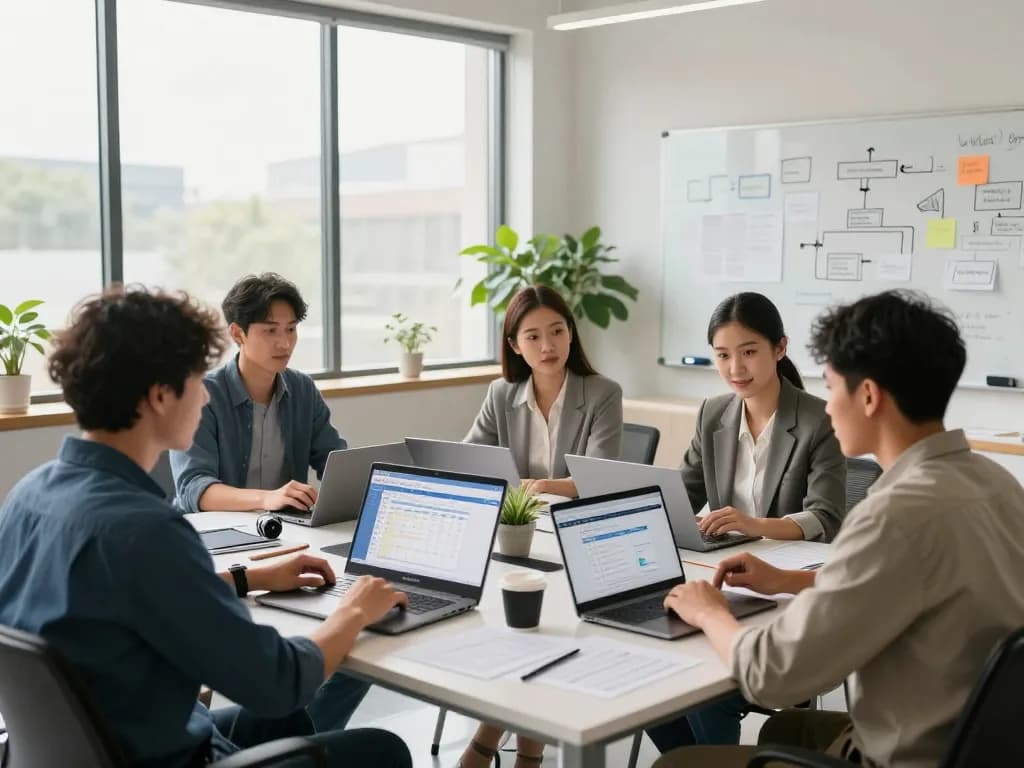 Team collaborating on wps 下载 software in a bright modern office.