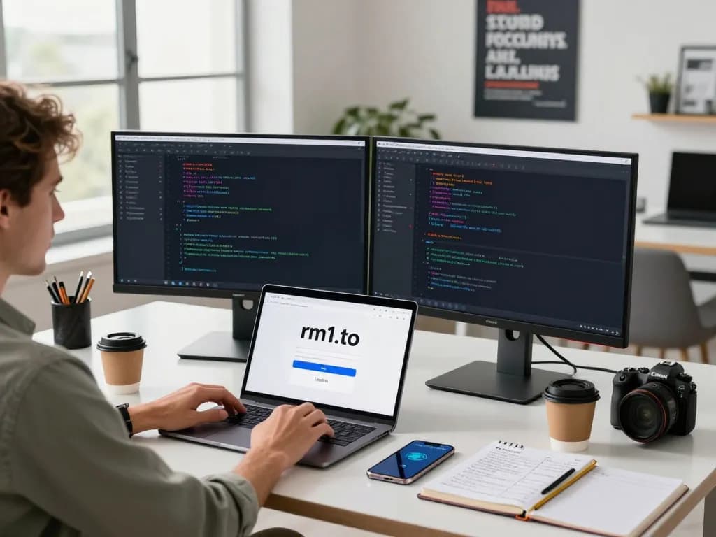 Secure rm1.to login page with user at modern workspace, dual monitors, focused atmosphere.