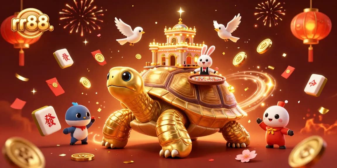 Experience thrilling wins with rr88.'s animated 3D casino adventure featuring a golden tortoise and vibrant celebration.