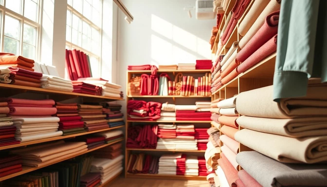 Bekijk stoffen winkel online met kleurrijke stoffen en uitnodigende sfeer.