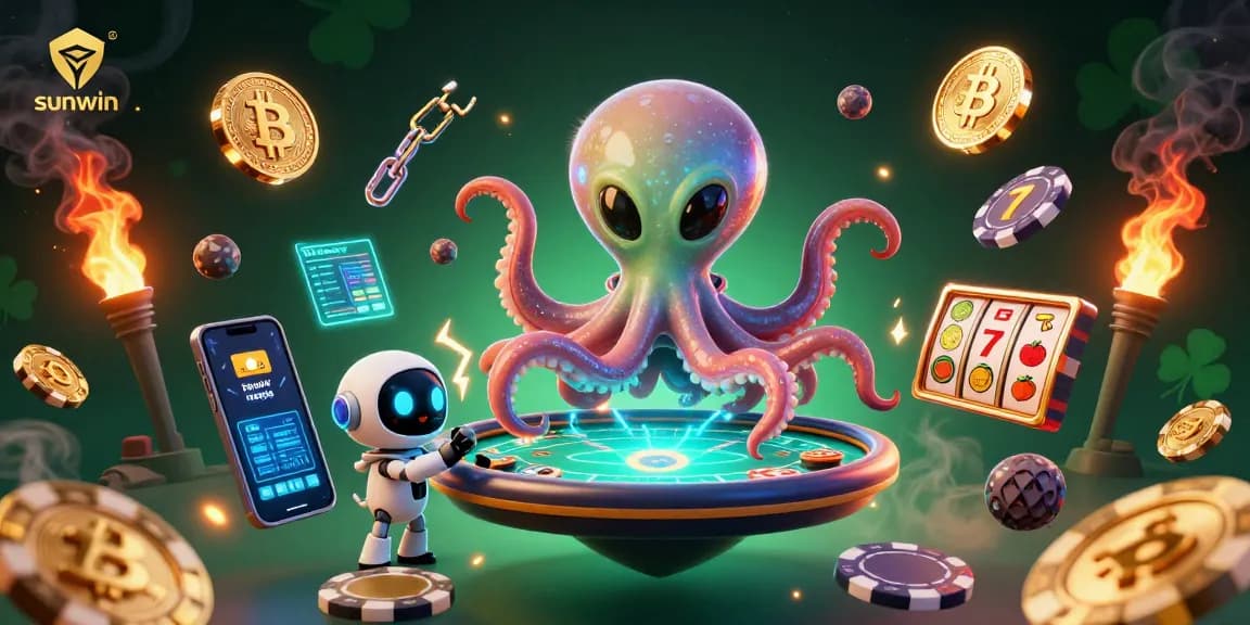 Experience sunwin's vibrant alien poker scene with dynamic gaming elements and crypto imagery.