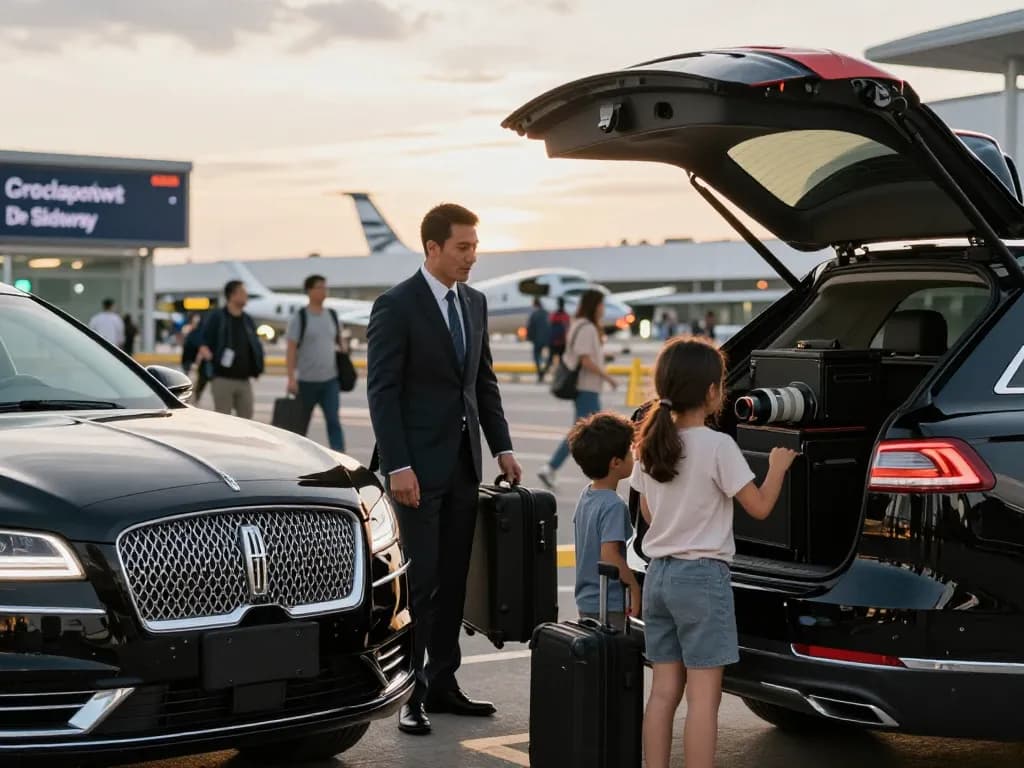 Private airport transportation Midway with a chauffeur assisting a family outside a Lincoln Continental at Chicago Midway Airport.