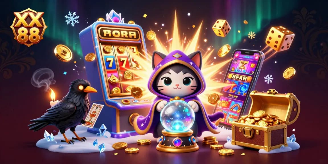 Experience the thrill of gaming with XX 88's vibrant casino scene featuring slot machines and mystic characters.