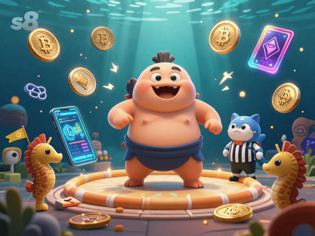 S8 immersive underwater casino scene featuring a fugu, catfish referee, and bitcoin coins.