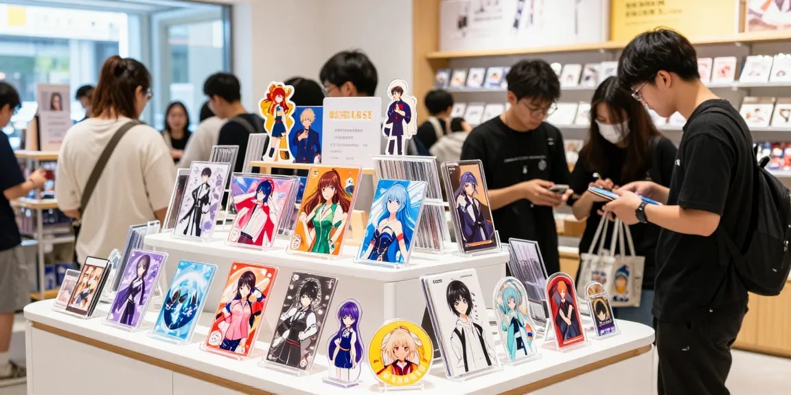 Vibrant display of custom acrylic stands showcasing colorful anime designs in a modern retail setting.