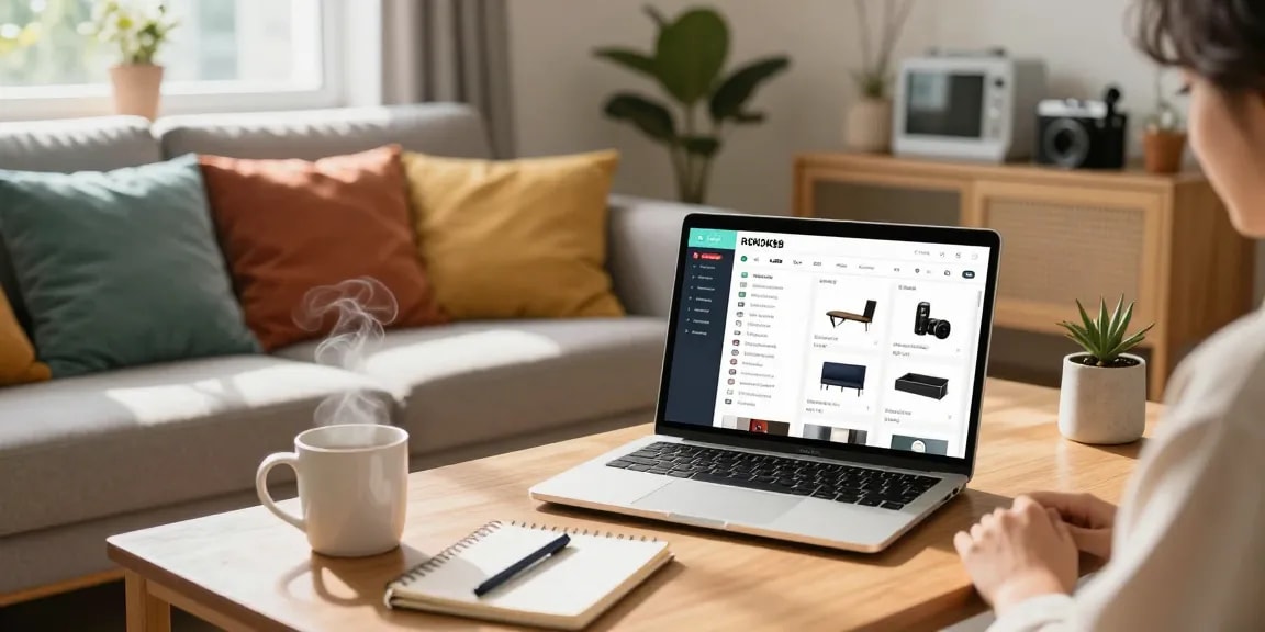 Shopping at home for quality used items on rokok88 alternatif, showcasing a cozy lifestyle.