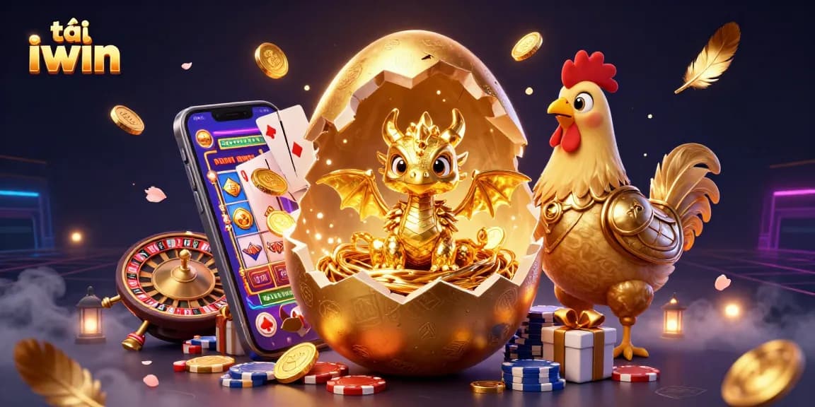 Play and win with tải iwin, showcasing a magical baby dragon amidst casino elements.