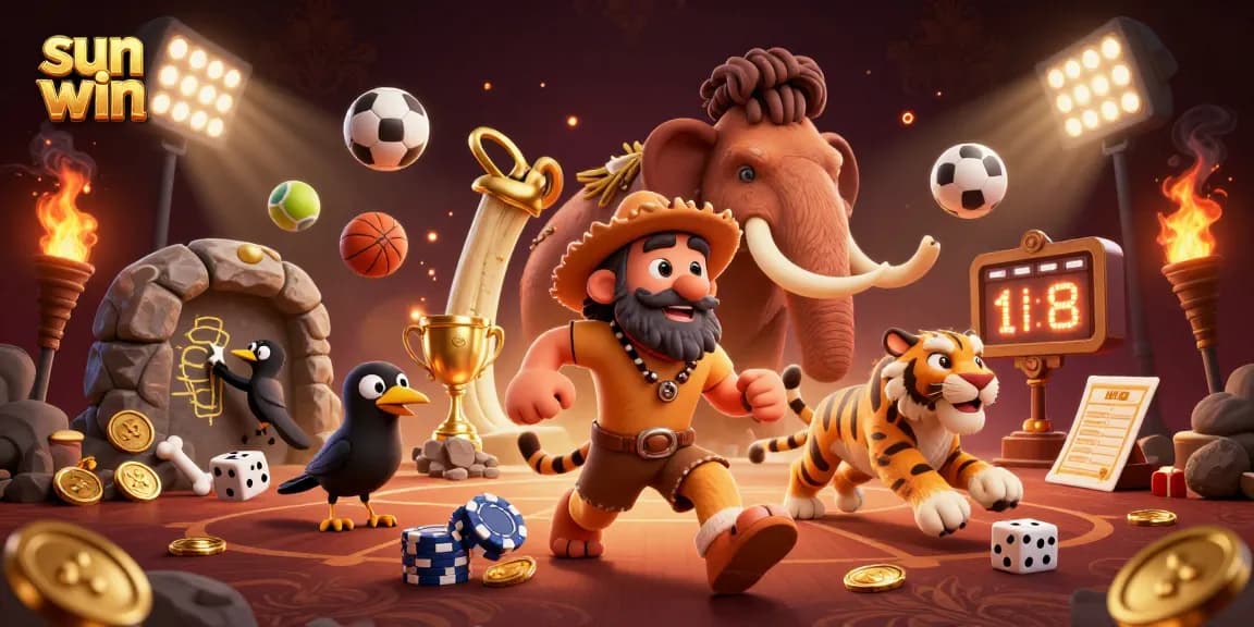 Experience the thrill of sun win as prehistoric characters bet in a dynamic casino scene.