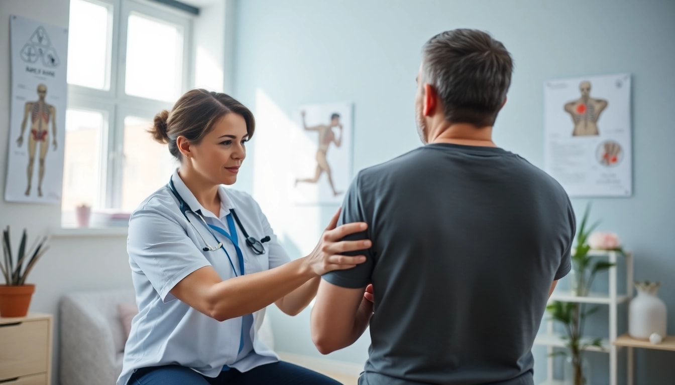 Engaging lower back pain treatment session with a physiotherapist guiding a patient.