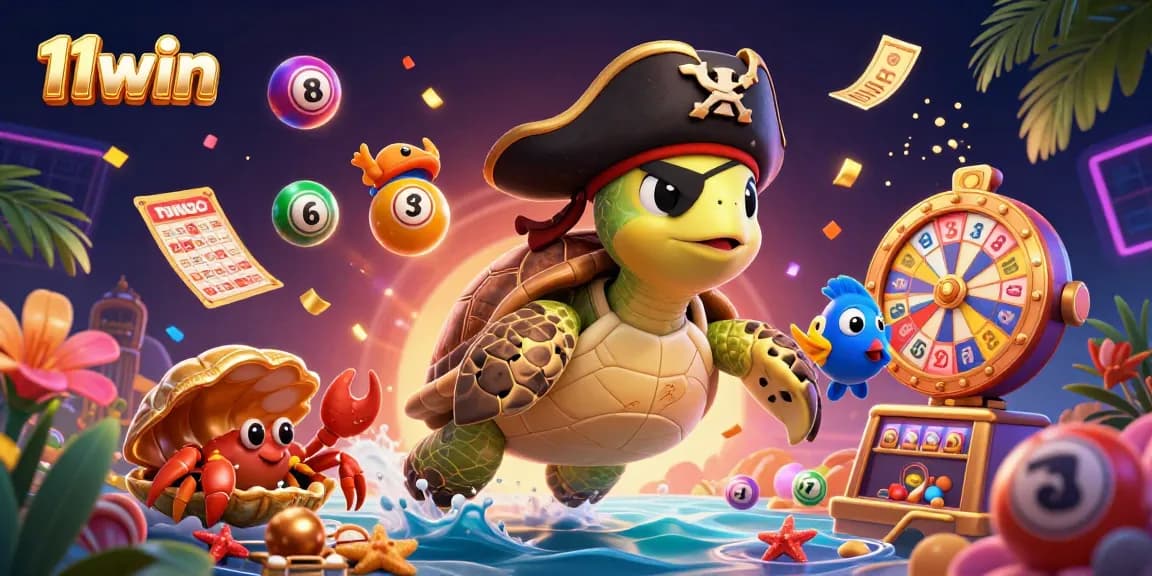 Join 11win for action-packed fun featuring a pirate turtle, treasure, and lottery excitement.