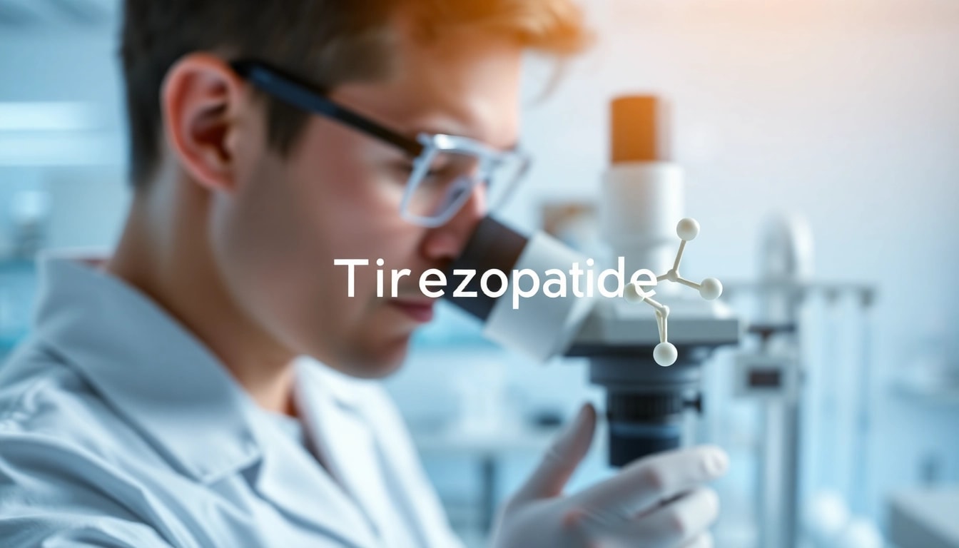Tirzepatide molecular structure displayed in a clinical research environment.