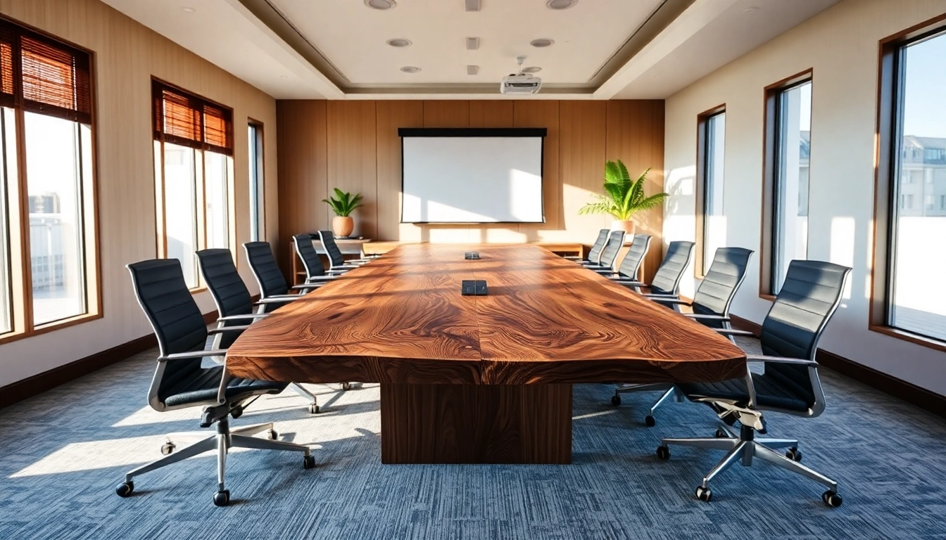 Custom conference table made from solid walnut wood in a modern conference room setting.