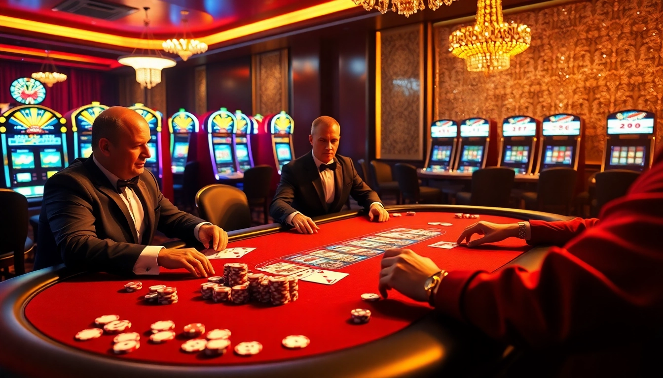 Experience excitement at 98win with players betting at a luxurious poker table in a vibrant casino setting.