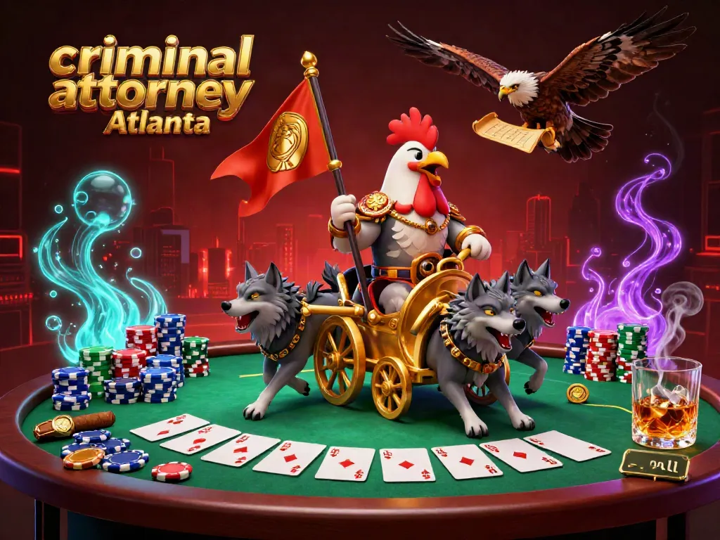 Experience the excitement of poker with a cartoon rooster warlord amidst vibrant chips and cards, representing a criminal attorney Atlanta.