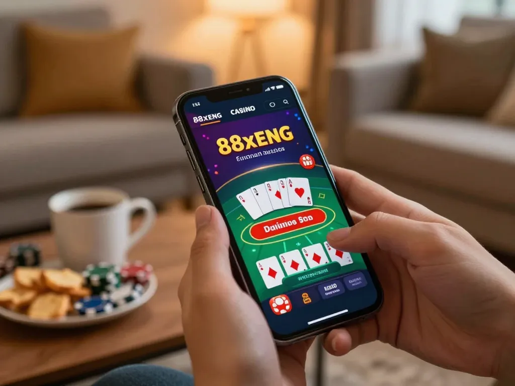 Exciting moment playing blackjack on the 88xeng app on a smartphone in a cozy home setting.