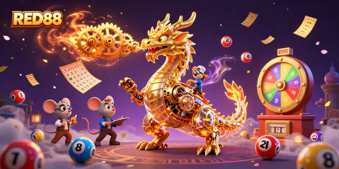 Engage with RED88's thrilling lottery scenes filled with vibrant balls, spinning prizes, and golden dragon energy.