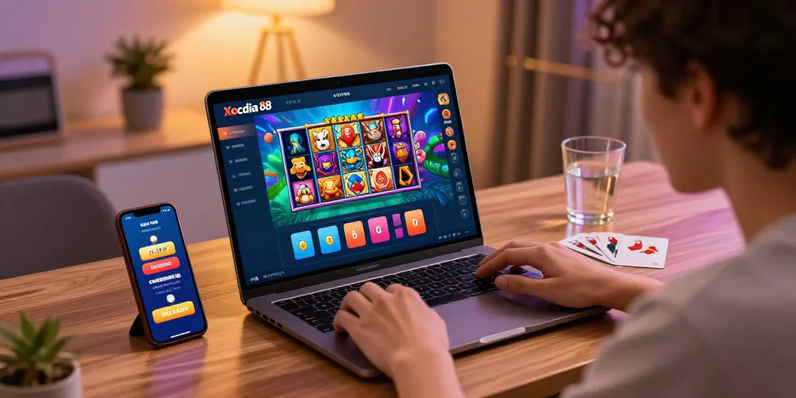 Xocdia 88 vibrant online gaming experience with a user engaged on a laptop amidst showcasing game graphics.