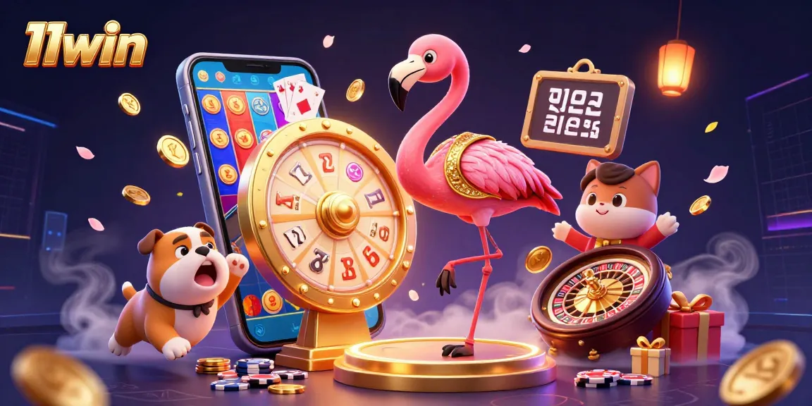 Engage with 11win's thrilling casino experience featuring flamingo game show host, bulldog contestant, and vibrant slot games.