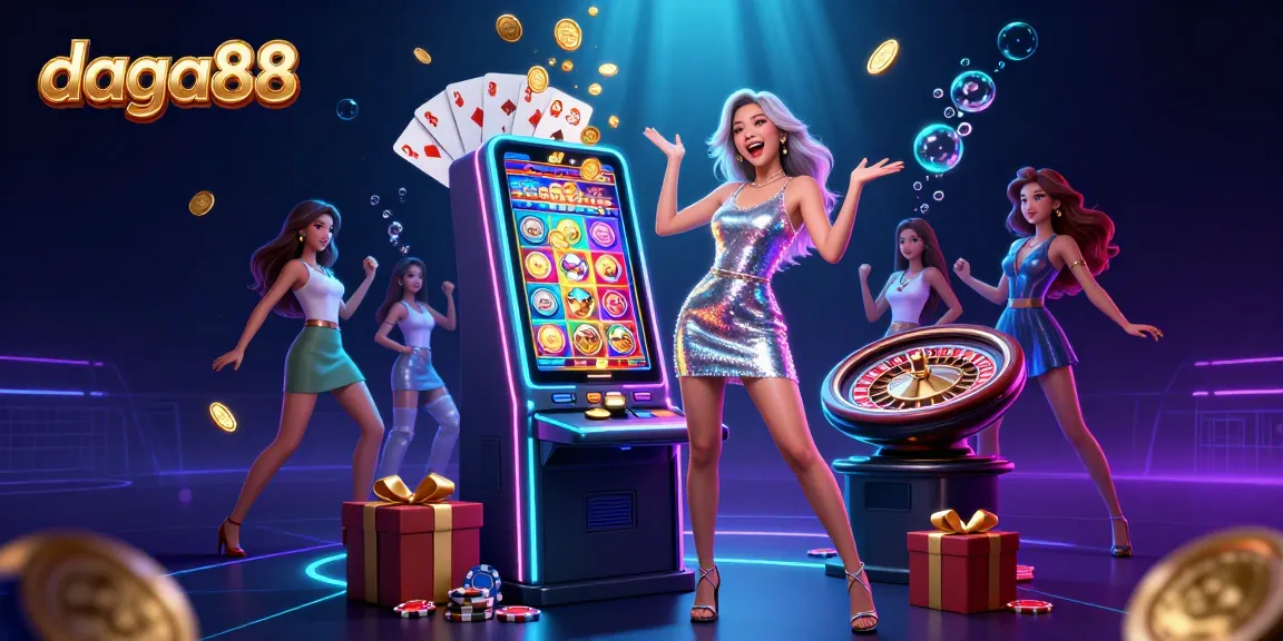 Dive into the excitement at daga88 with a vibrant scene showcasing jackpots, winning slots, and energetic gameplay!