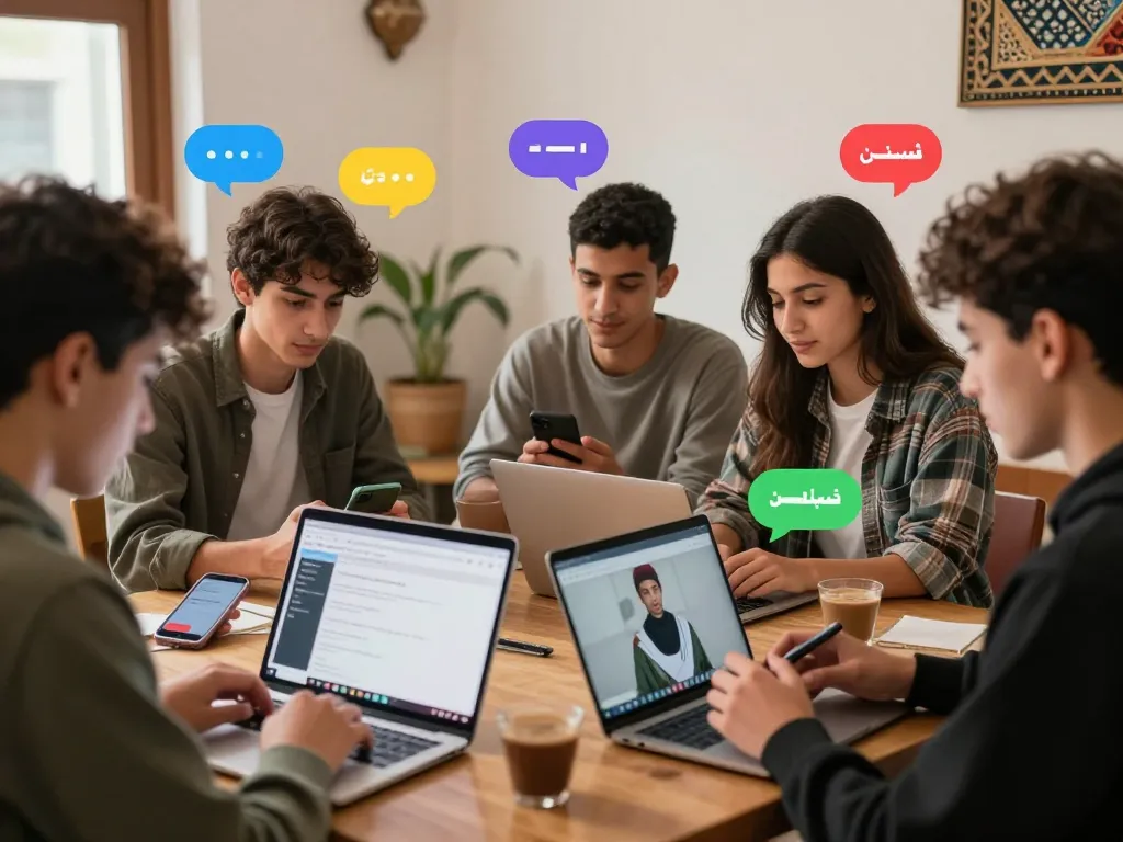 Engaging young Palestinians in شات فلسطين, connecting through online conversations, showcasing community and friendship.