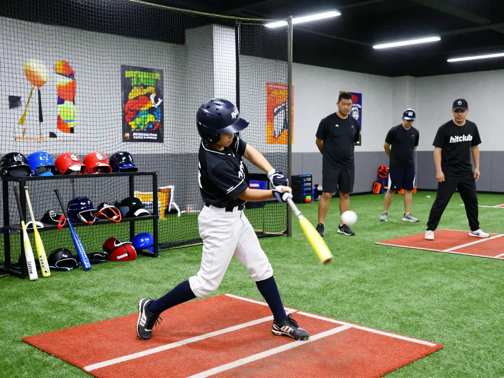 Young athlete training at hitclub baseball facility with coaches and equipment.