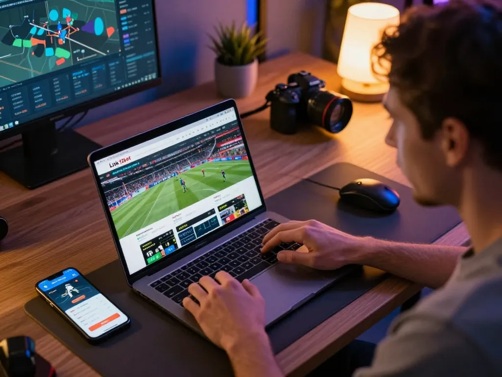 Đặt cược sử dụng Link 12bet trên laptop trong khi kiểm tra tỷ lệ cá cược thể thao trực tiếp.