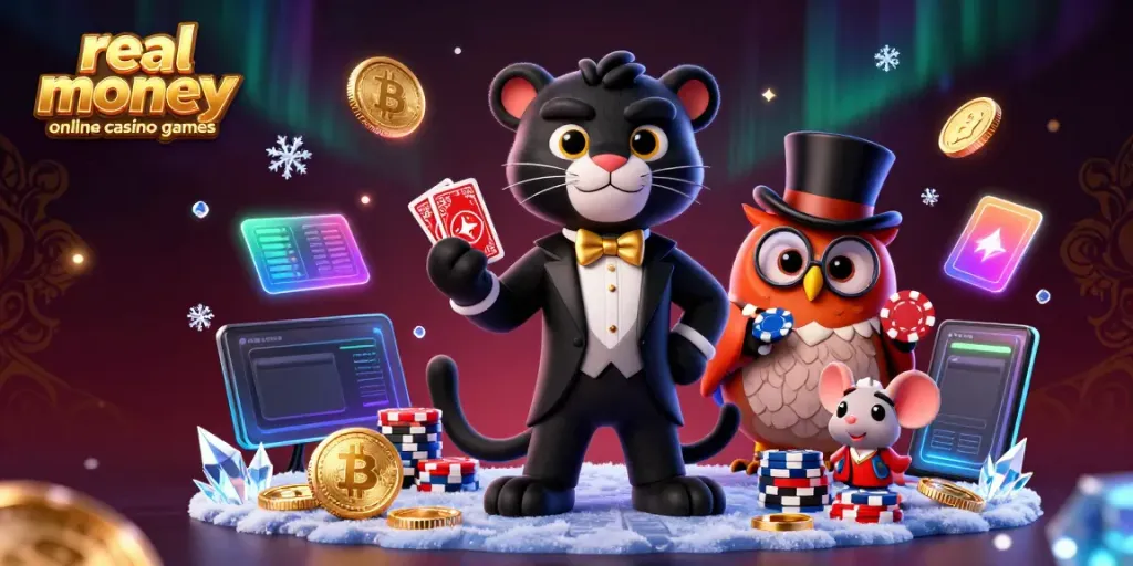 Engage with real money online casino games featuring a stylish panther dealer, owl with poker chips, and a lucky mouse.