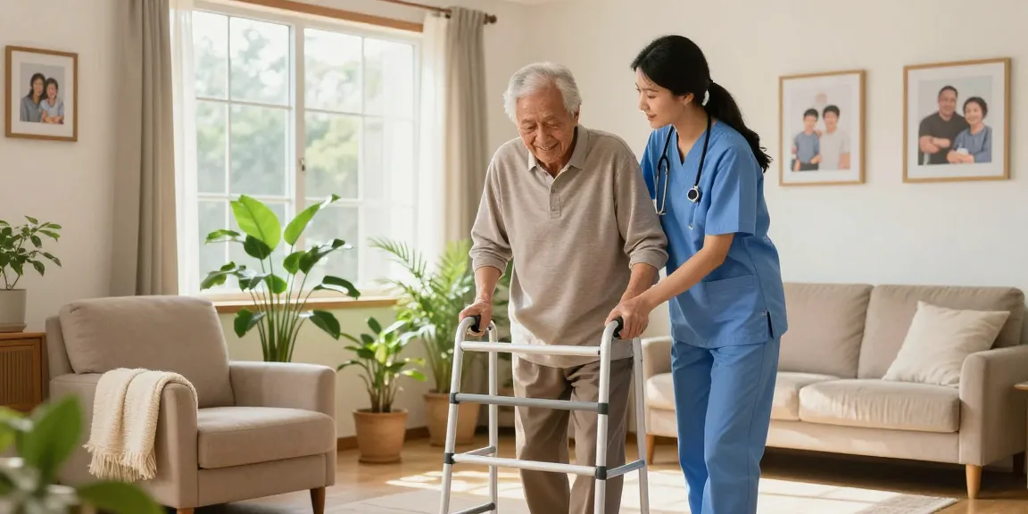 Caregiver assists elderly using mobility aids to buy nobility aids in a cozy home environment.