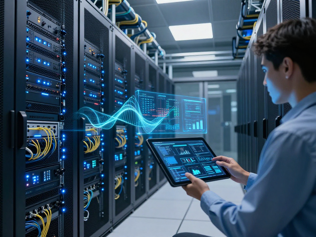 IPTV reseller management in a high-tech data centre environment showcasing advanced server systems and real-time analytics.