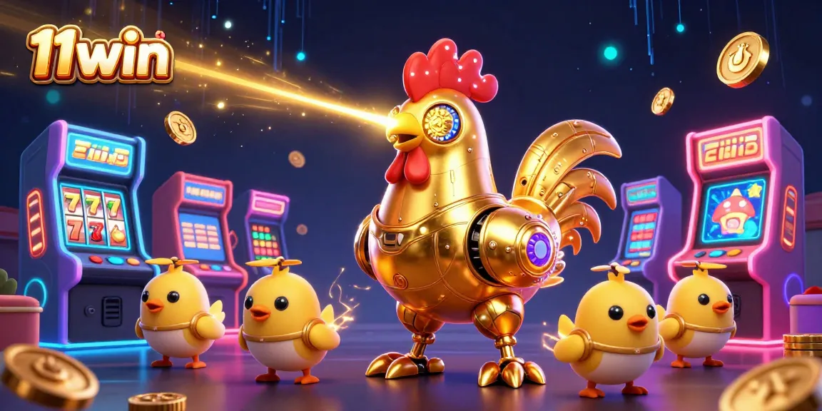11win enthralls with a vibrant 3D casino scene featuring a golden rooster and arcade elements.