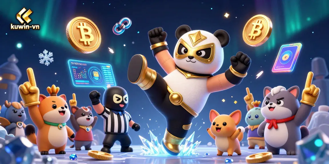 Kuwin-vn showcases thrilling casino action with a panda wrestler kick, crypto coins, and cheering crowds.