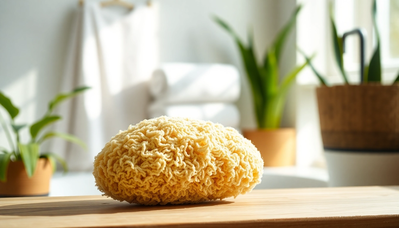 Using a raw loofah sponge on a wooden surface for a natural exfoliation experience.