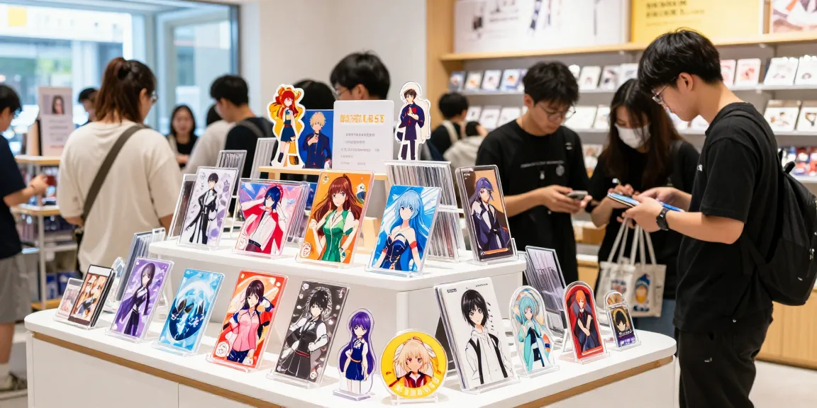 Vibrant display of custom acrylic stands showcasing colorful anime designs in a modern retail setting.
