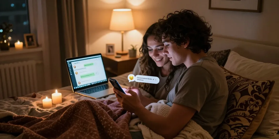 Sexting AI chat in a cozy bedroom setting with a couple engaged in playful conversation.