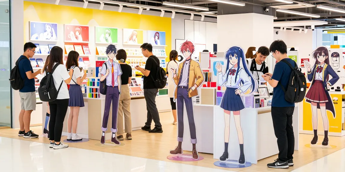 Custom acrylic standee designs in a vibrant retail setting with customers exploring unique options.