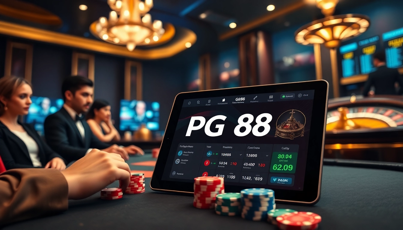 Engage with PG88's immersive online casino experience featuring vibrant poker chips and a roulette wheel.