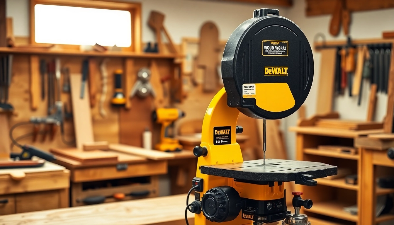 The powerful DeWalt band saw cuts through thick hardwood with precision.