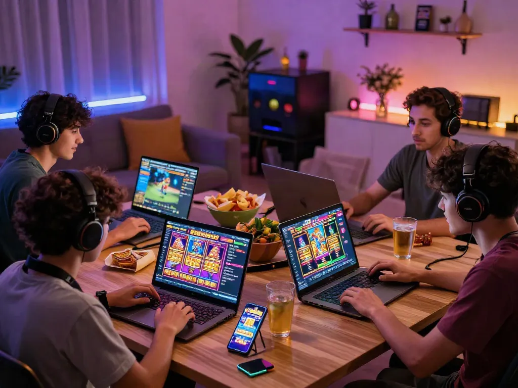 Exciting gaming scene showcasing players enjoying situs slot games on various devices in a vibrant living room atmosphere.
