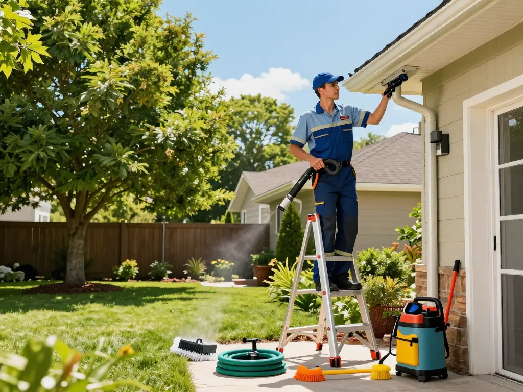 Efficient gutter cleaning Atlanta service with technician clearing debris in a well-kept yard.
