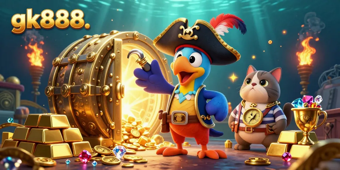 Experience exciting gameplay with gk888, featuring a vibrant scene of a 3D pirate captain and treasures.